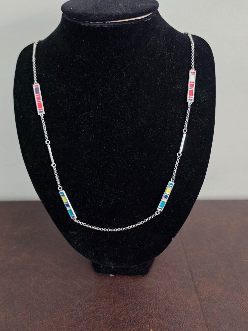 Vintage enamel multicolored bar and silver chain necklace